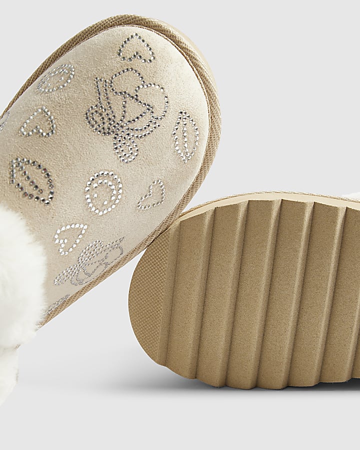 Girls Cream Diamante Snug Slippers