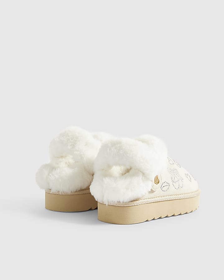 Girls Cream Diamante Snug Slippers