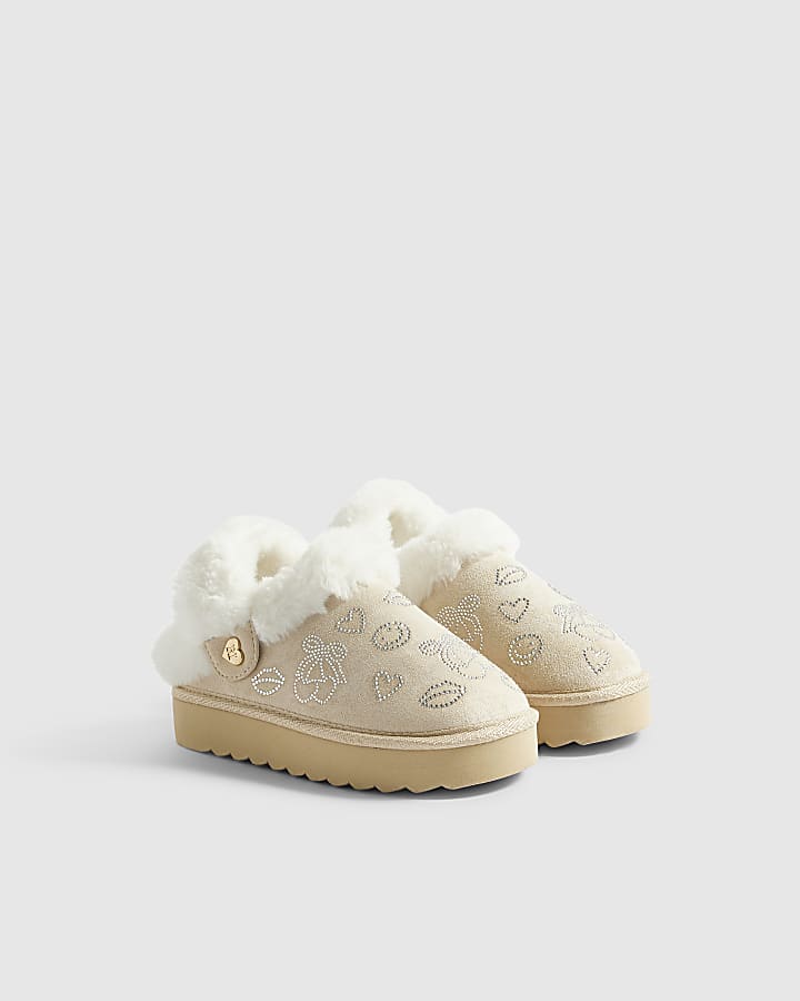 Girls Cream Diamante Snug Slippers