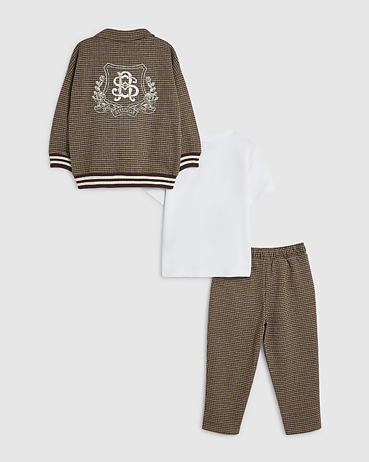 Mini Boys Brown Check Embroidered Jacket Set
