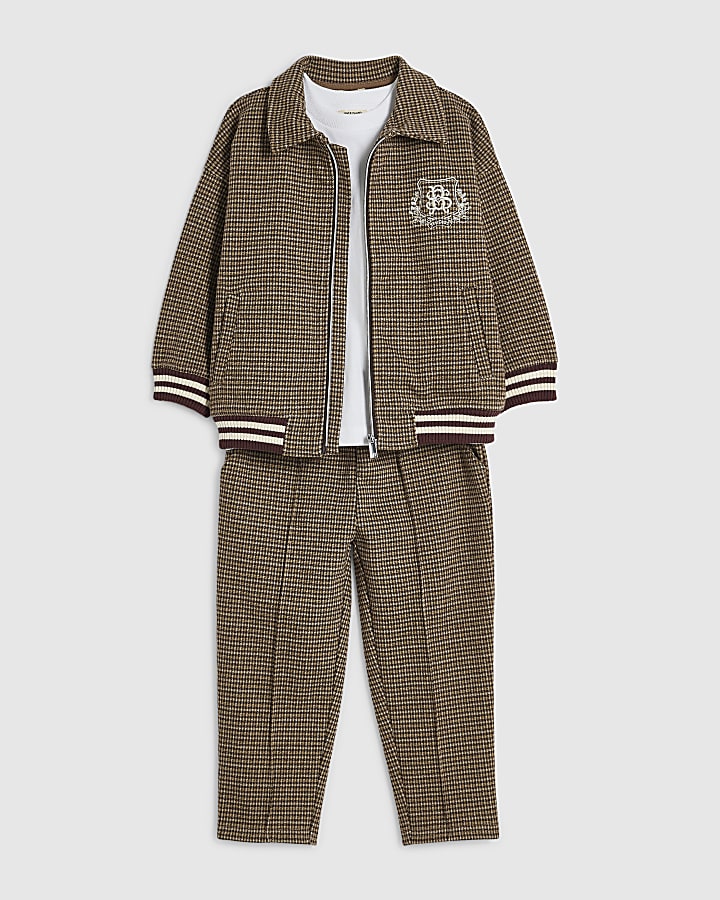 Mini Boys Brown Check Embroidered Jacket Set