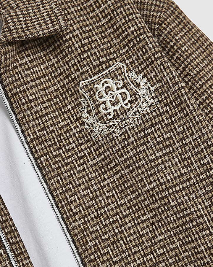 Boys Brown Check Embroidered Jacket Set