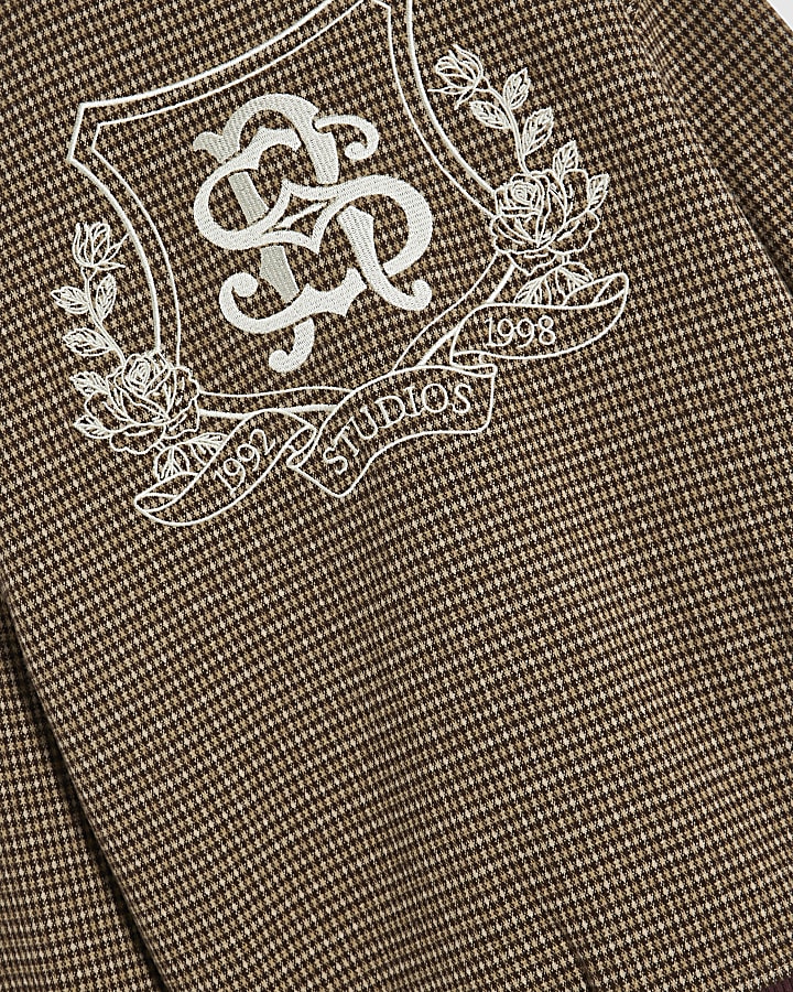 Boys Brown Check Embroidered Jacket Set