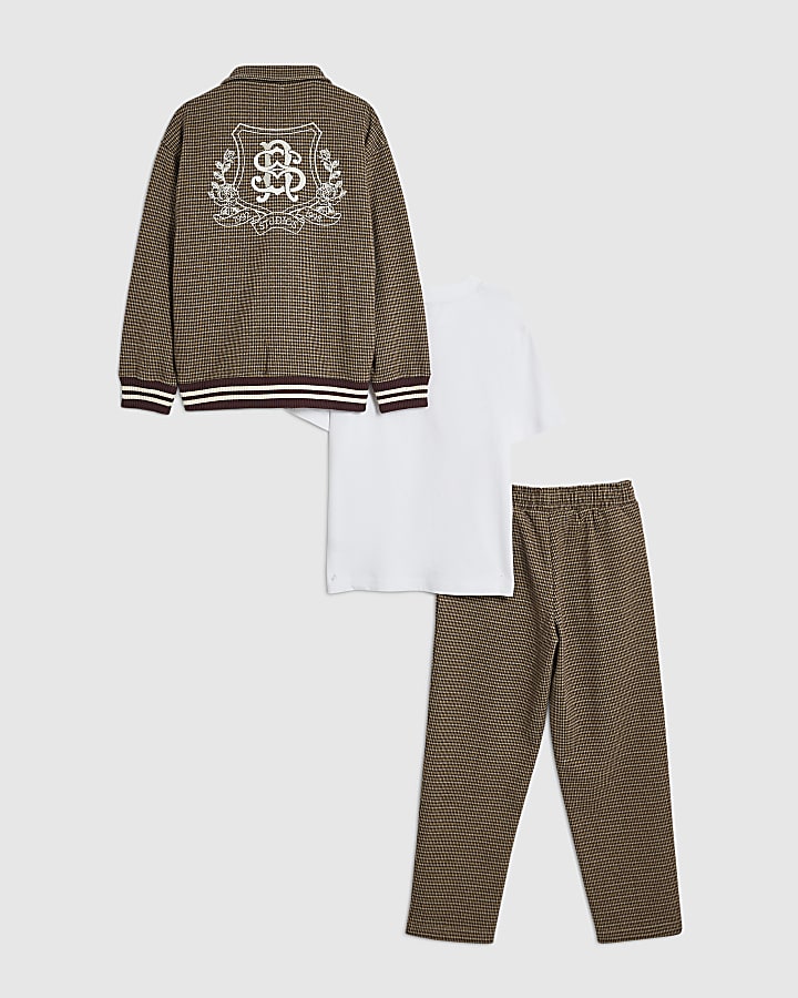 Boys Brown Check Embroidered Jacket Set