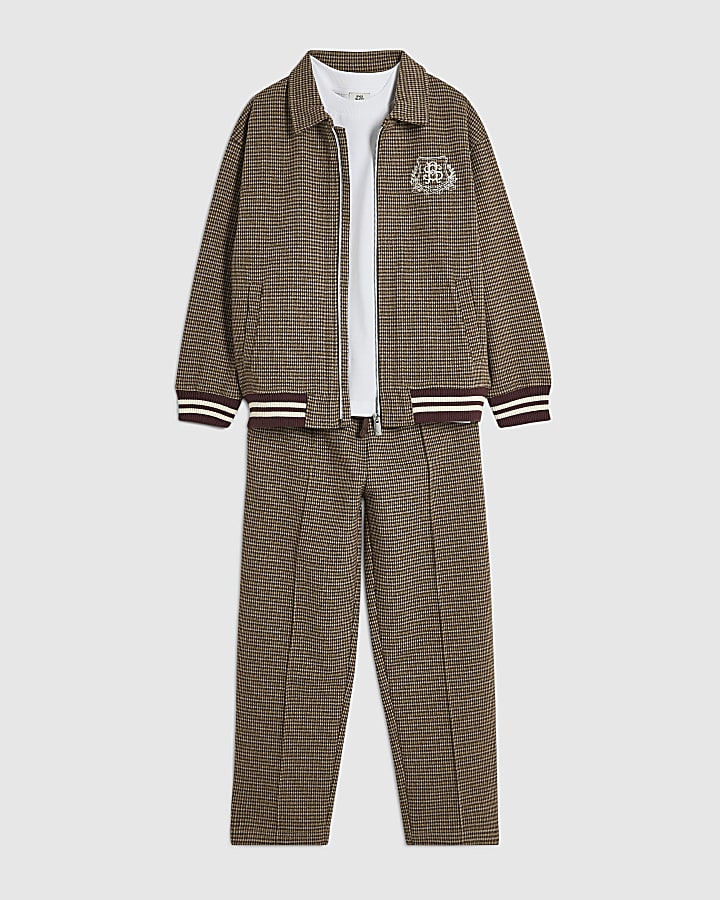Boys Brown Check Embroidered Jacket Set