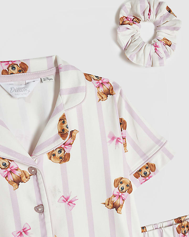 Mini Girls Cream Stripe Puppy Print Pyjamas