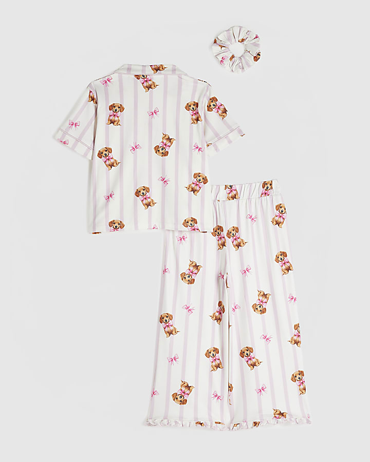 Mini Girls Cream Stripe Puppy Print Pyjamas