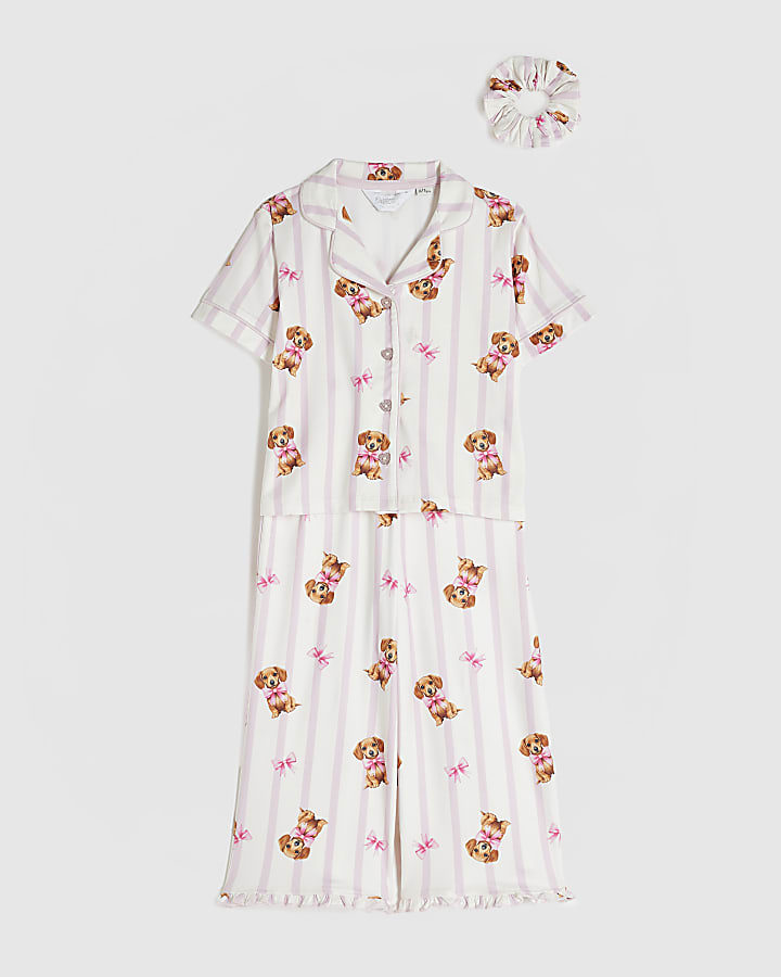 Mini Girls Cream Stripe Puppy Print Pyjamas