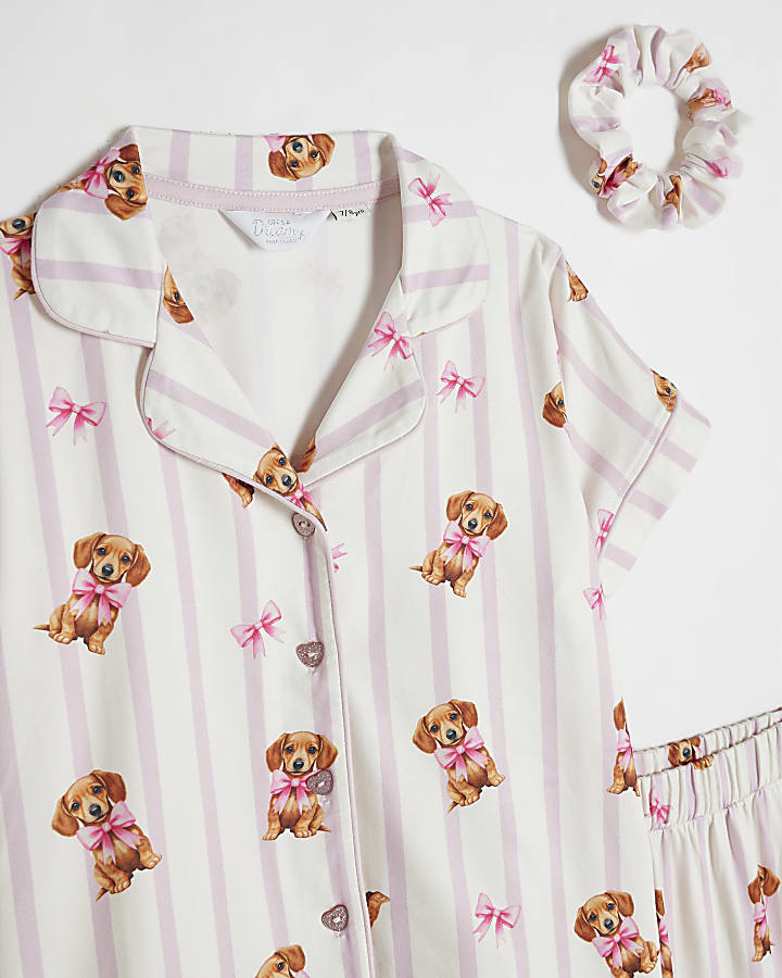 Girls Cream Puppy Stripe Button Pyjamas Set