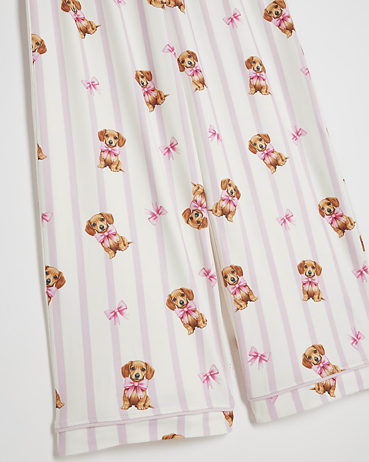 Girls Cream Puppy Stripe Button Pyjamas Set