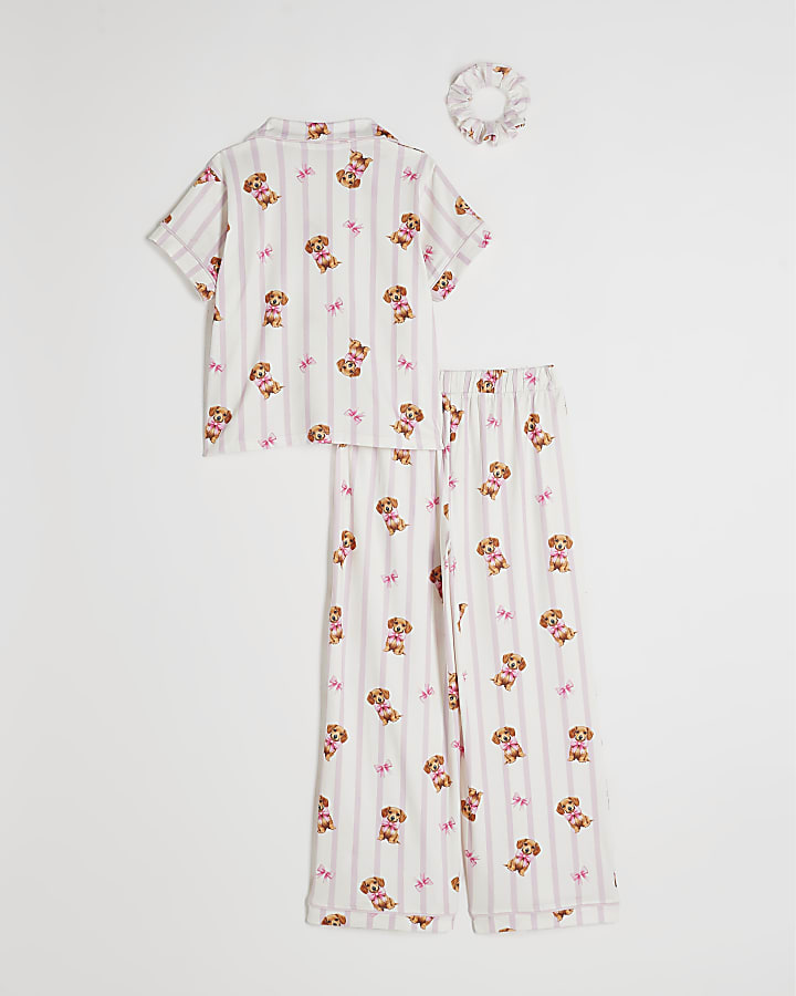 Girls Cream Puppy Stripe Button Pyjamas Set