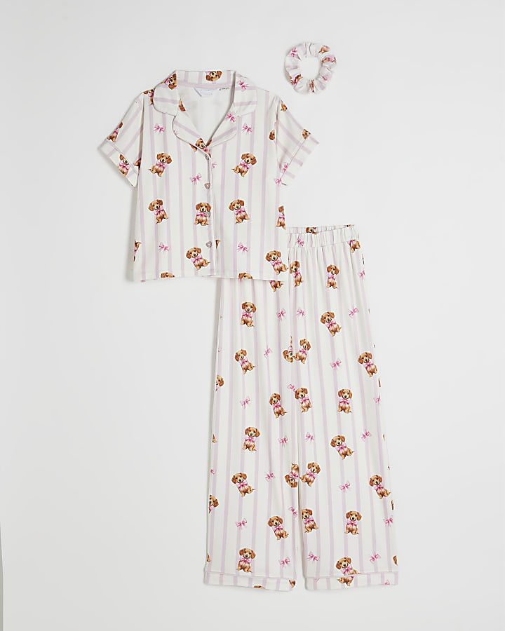 Girls Cream Puppy Stripe Button Pyjamas Set