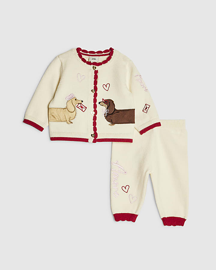 Baby Girls Cream Sausage Dog Cardigan Set