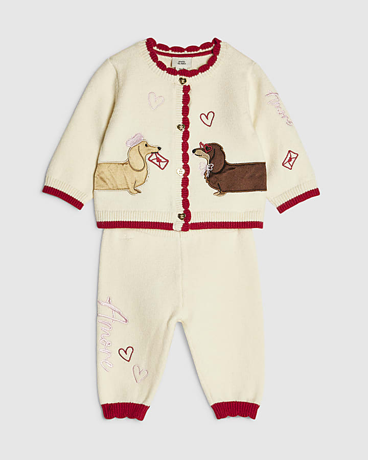 Baby Girls Cream Sausage Dog Cardigan Set