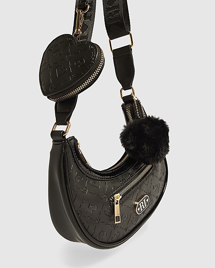 Girls Black Monogram Scoop Bag Heart Charm