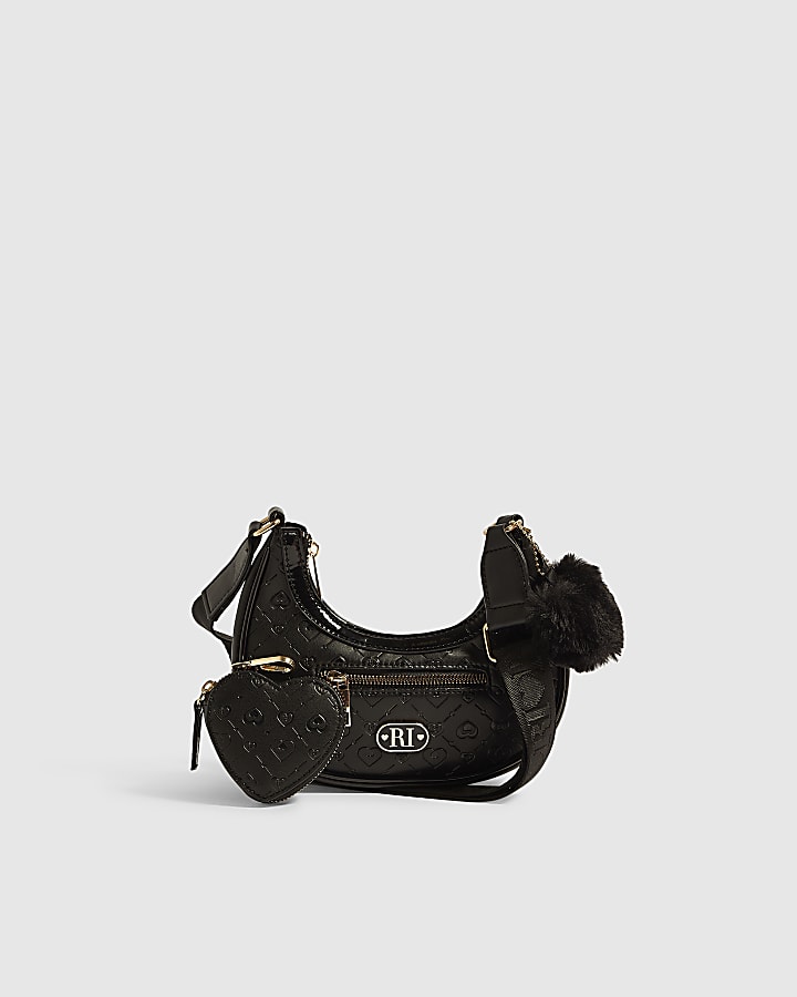 Girls Black Monogram Scoop Bag Heart Charm