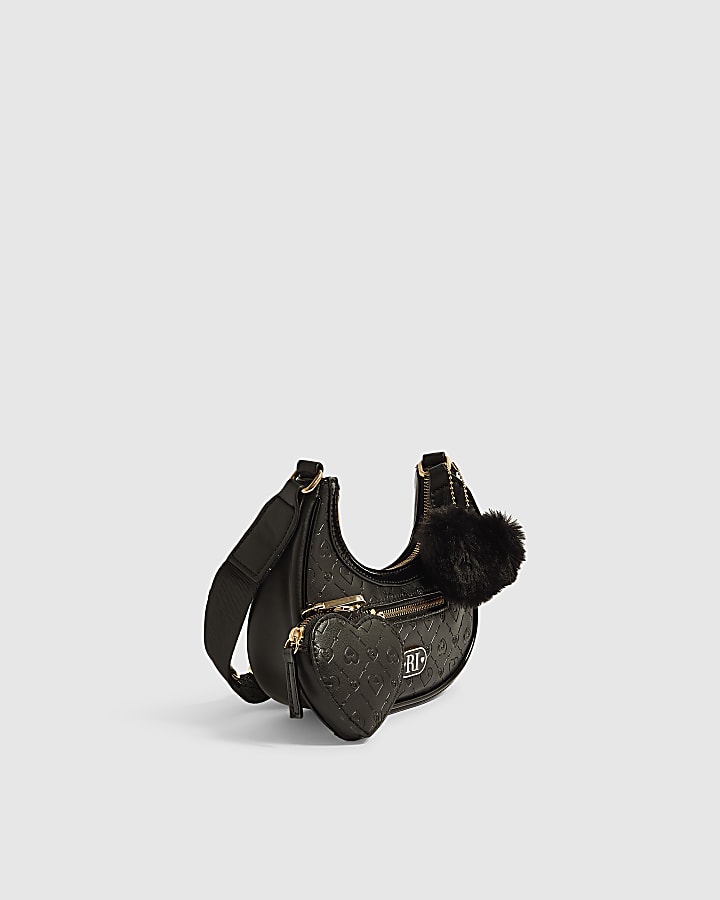 Girls Black Monogram Scoop Bag Heart Charm