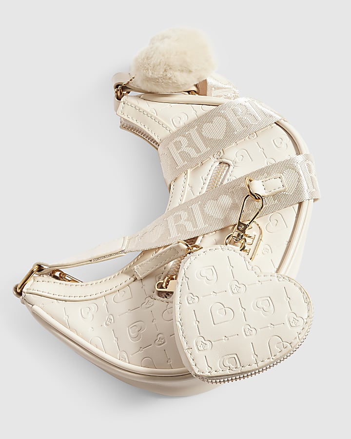 Girls Cream Monogram Scoop Bag Heart Charm