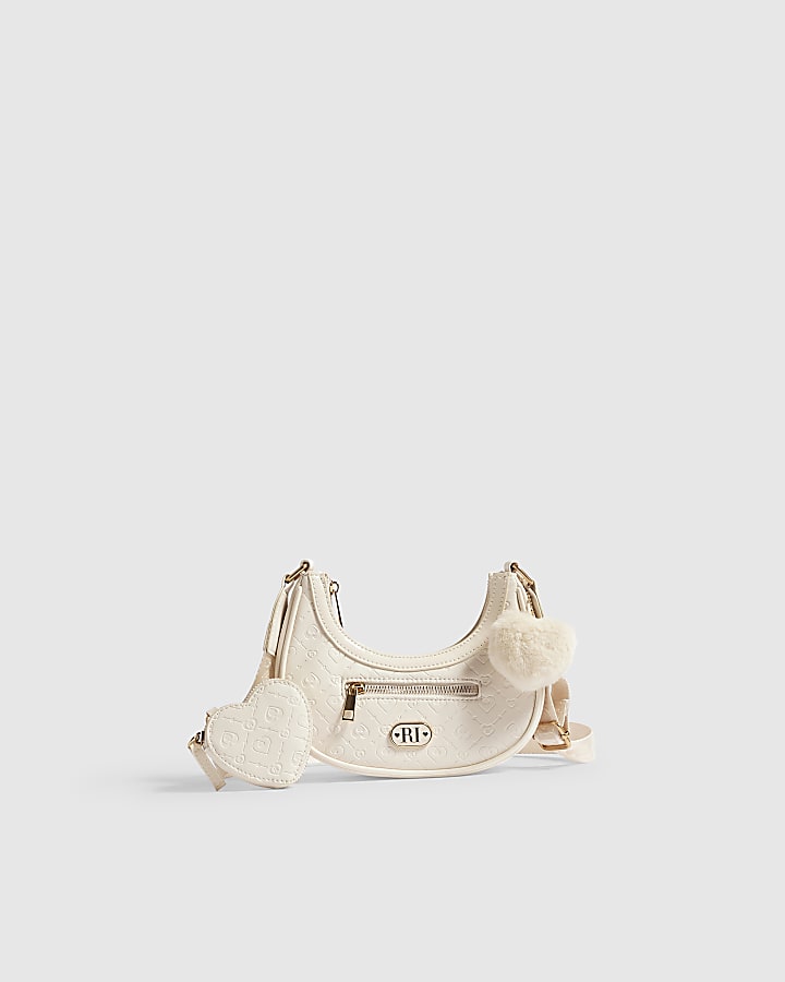Girls Cream Monogram Scoop Bag Heart Charm