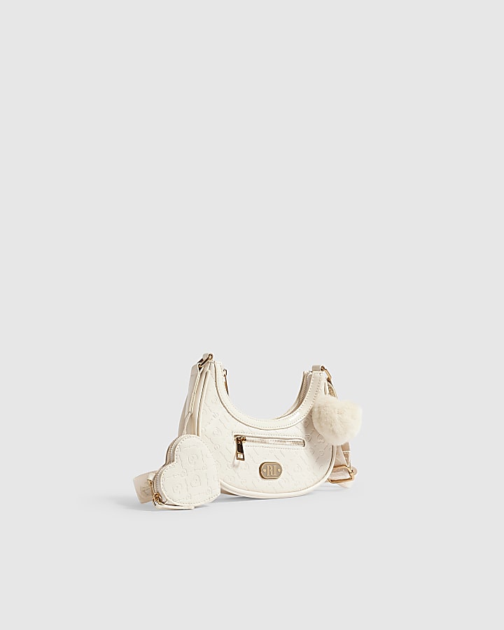 Girls Cream Monogram Scoop Bag Heart Charm