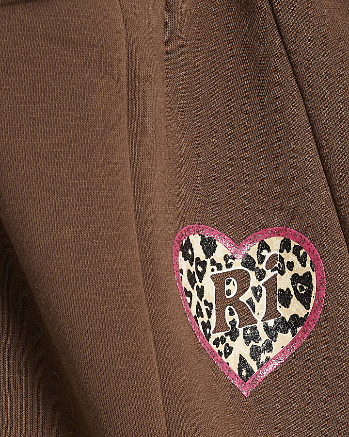 Girls Brown Leopard Heart Flared Joggers