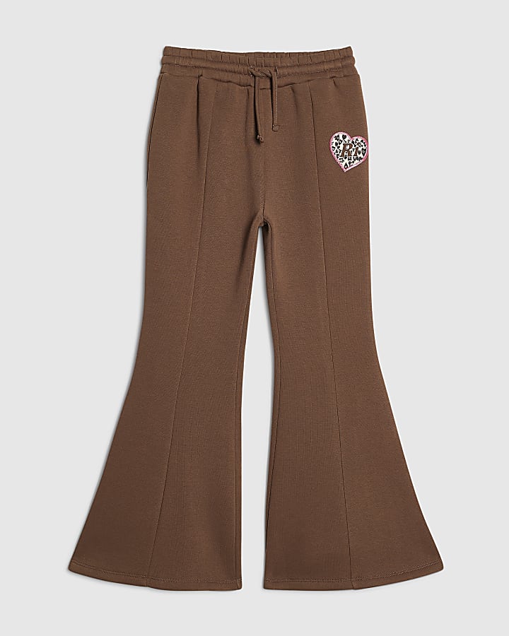 Girls Brown Leopard Heart Flared Joggers