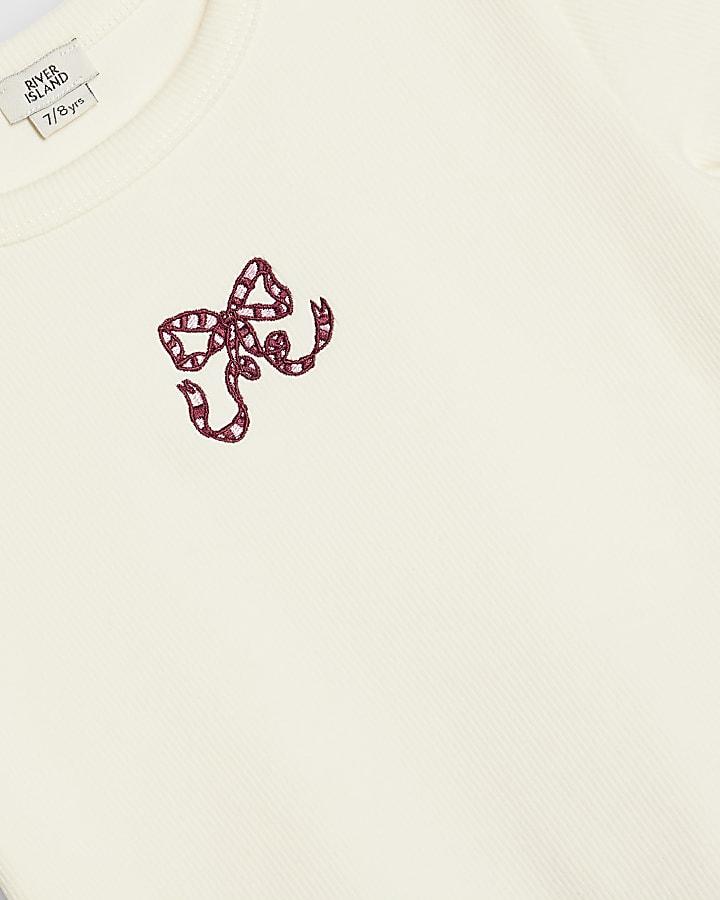 Girls Cream Bow T-Shirt & Trouser Set