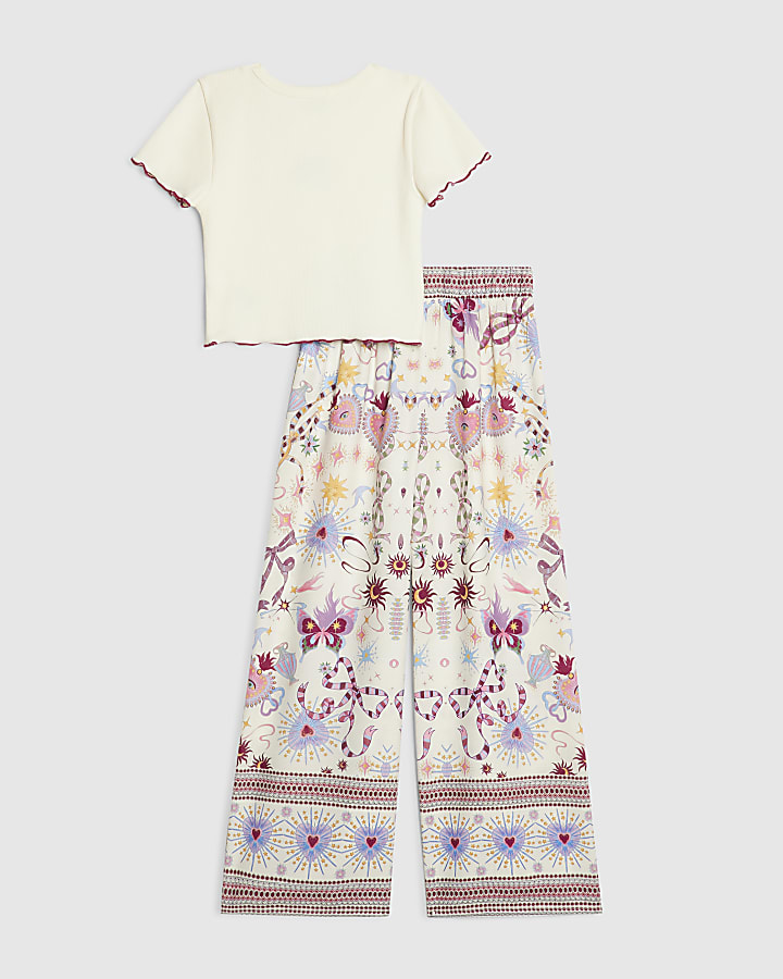 Girls Cream Bow T-Shirt & Trouser Set