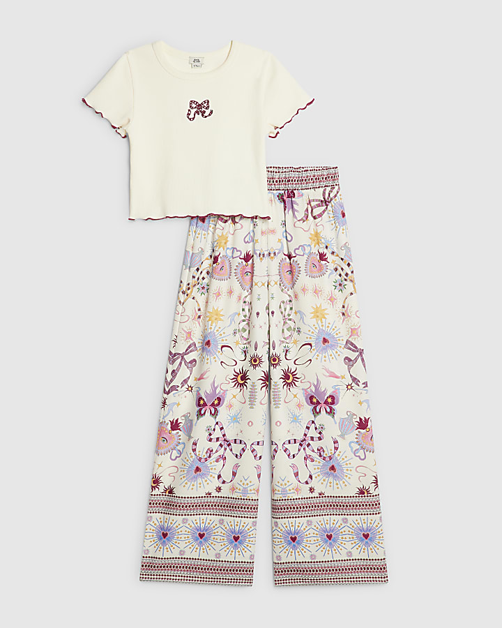 Girls Cream Bow T-Shirt & Trouser Set