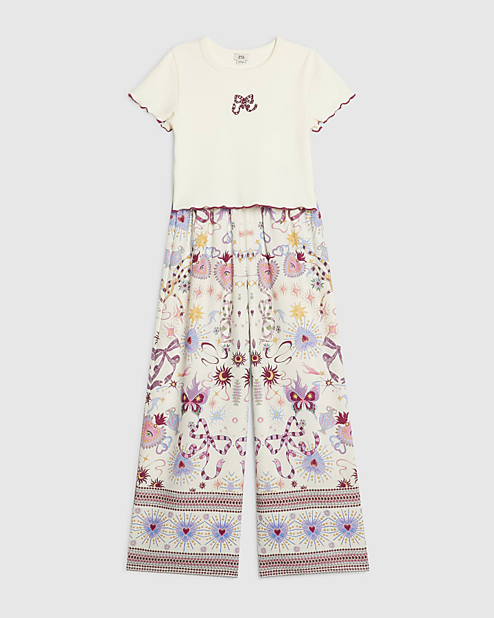 Girls Cream Bow T-Shirt & Trouser Set