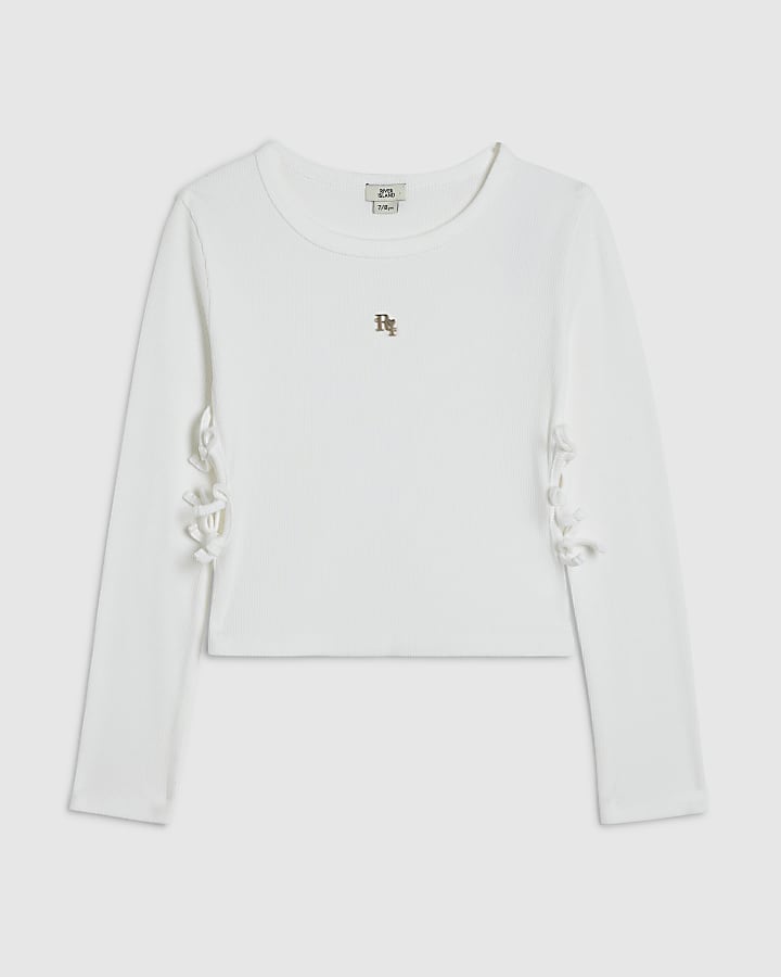 Girls White 3D Bow Long Sleeve Top