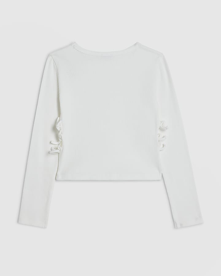 Girls White 3D Bow Long Sleeve Top