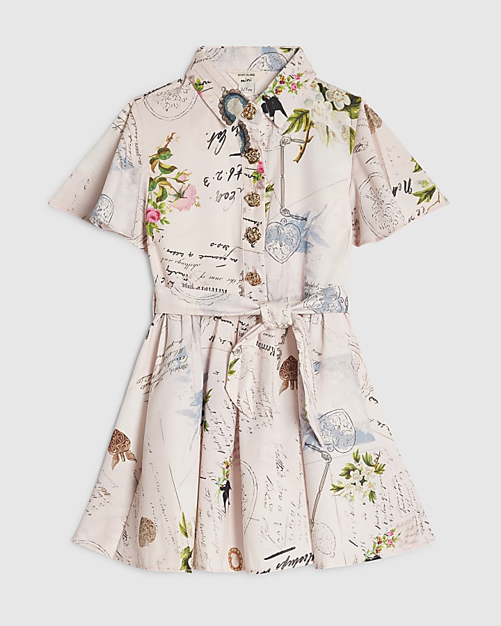 Mini Girls Pink Poetcore Print Shirt Dress