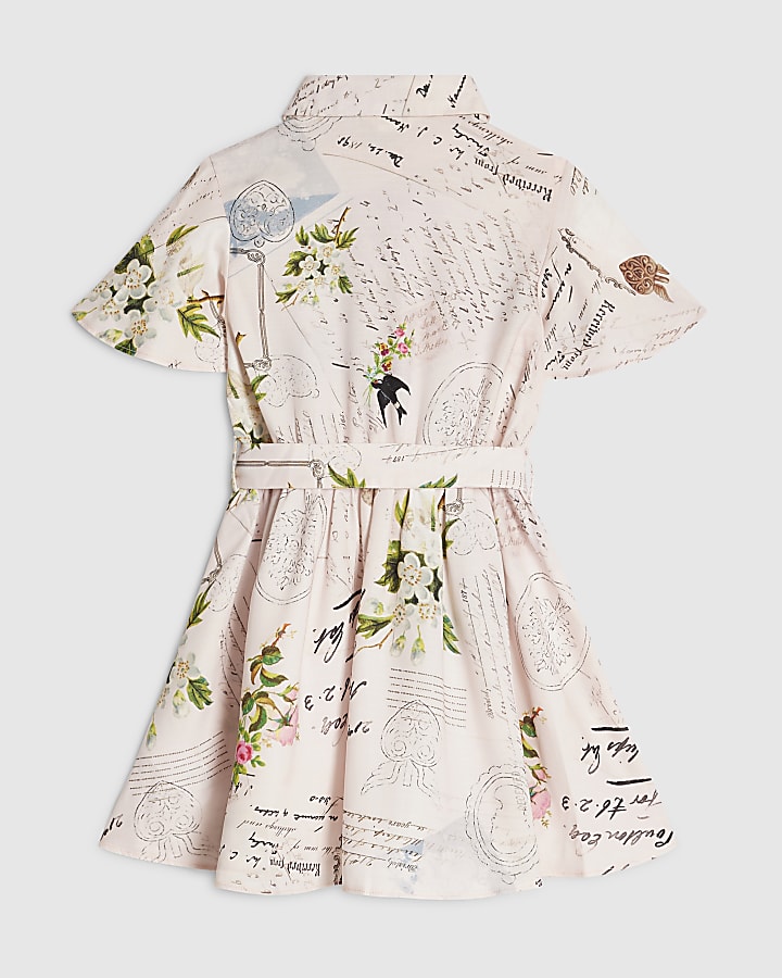 Mini Girls Pink Poetcore Print Shirt Dress