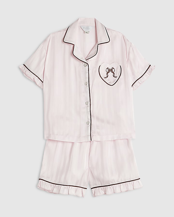 Girls Pink Satin Script Print Pyjamas Set