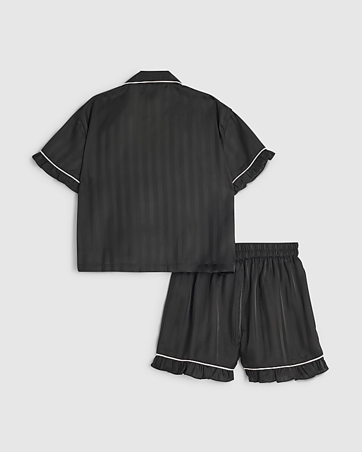 Girls Black Satin Script Print Pyjamas Set