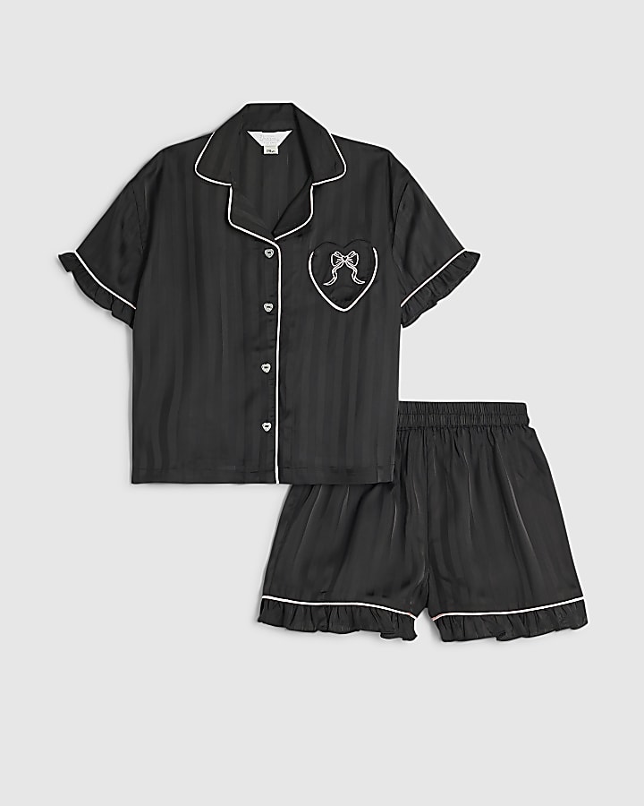 Girls Black Satin Script Print Pyjamas Set