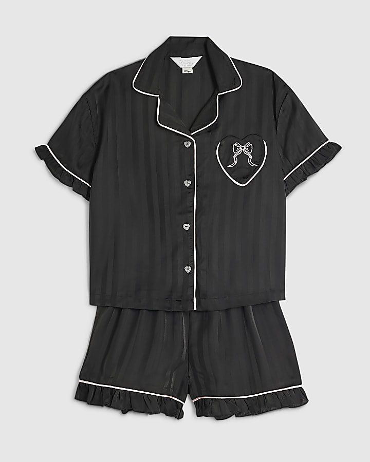 Girls Black Satin Script Print Pyjamas Set