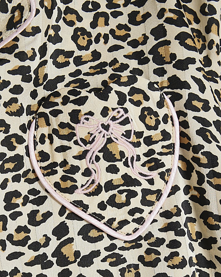 Girls Brown Leopard Print Satin Pyjamas Set