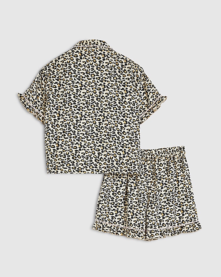Girls Brown Leopard Print Satin Pyjamas Set