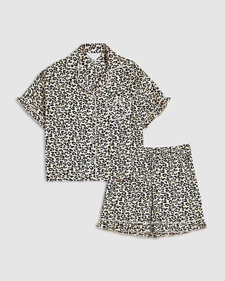 Girls Brown Leopard Print Satin Pyjamas Set