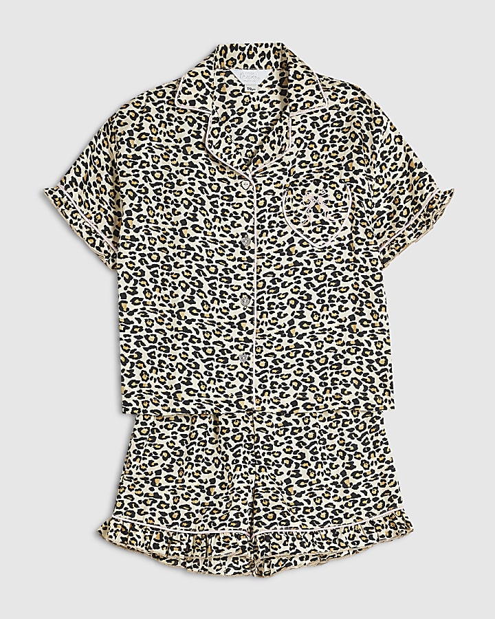 Girls Brown Leopard Print Satin Pyjamas Set