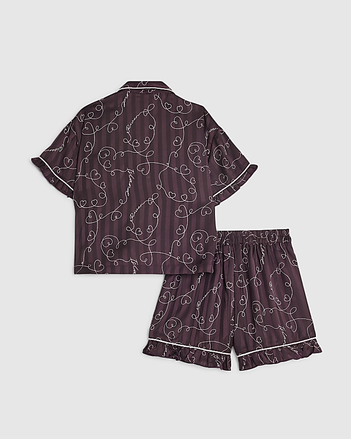 Girls Burgundy Satin Script Print Pyjamas Set