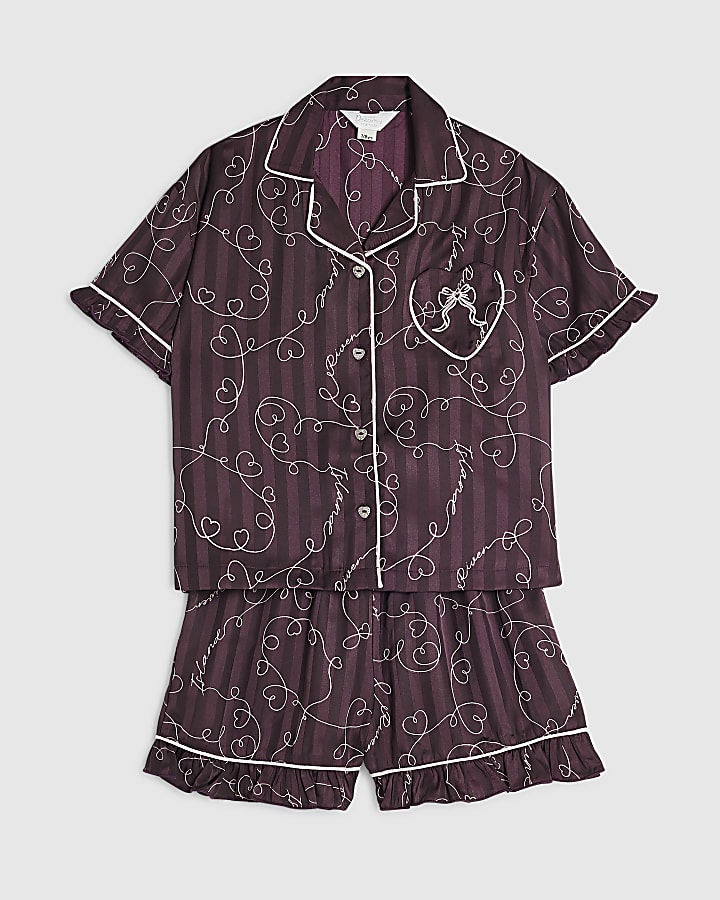 Girls Burgundy Satin Script Print Pyjamas Set