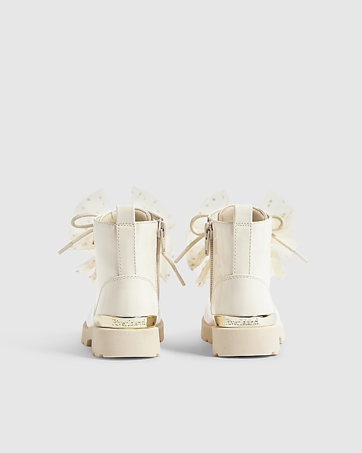 Mini Girls Cream Lace Up Bow Boots