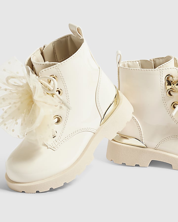 Mini Girls Cream Lace Up Bow Boots