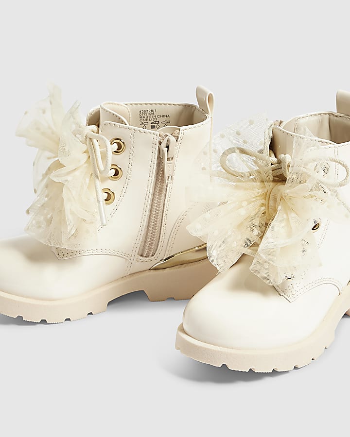Mini Girls Cream Lace Up Bow Boots