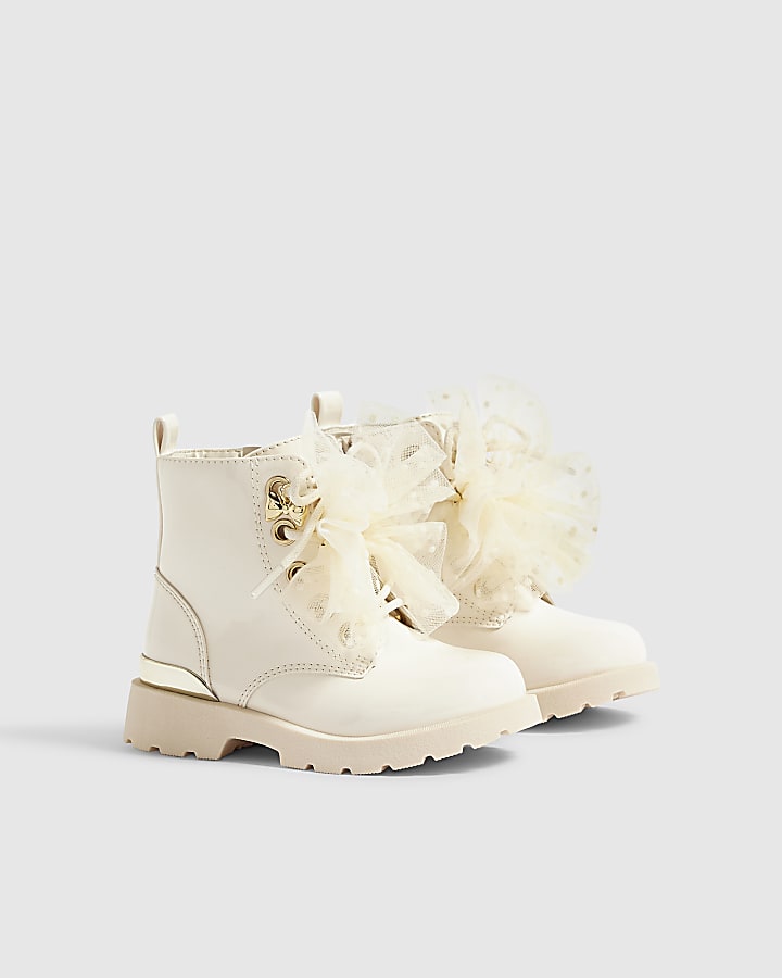Mini Girls Cream Lace Up Bow Boots