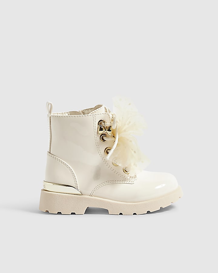 Mini Girls Cream Lace Up Bow Boots