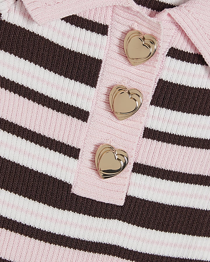 Girls Brown Knit Stripe Short Sleeve Dress
